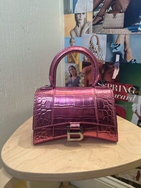 Balenciaga Metallic Pink Croc-Embossed Hourglass Top-Handle Mini Bag